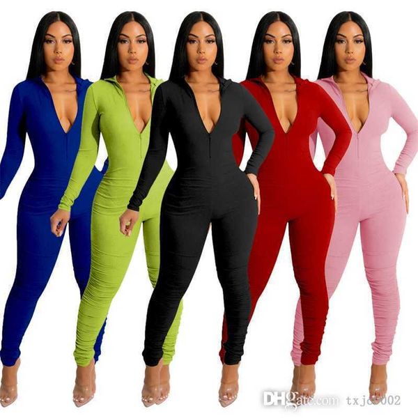 

womens sports jumpsuits leisure tight long sleeve threaded zipper v-neck rompers bodycon capris hip lifting bodysuit, Black;white