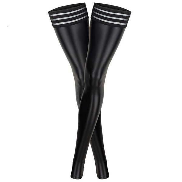 

socks hosiery women pu leather stockings over knee socks long boot thigh-high stockings lace stripe thigh leather stockings plus size f15 23, Black;white