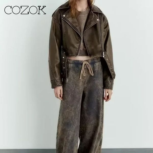 

women's jackets cozok washed leather belt women loose sashes casual biker outwear female bf style coat 230323, Black;brown