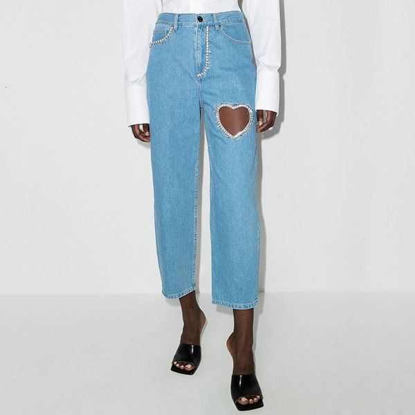 

women's jeans spring and summer women's high waist straight cotton cropped pants y2k fashion street diamondencrusted hollow jeans, Blue