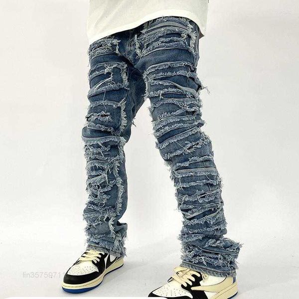 

men's jeans denim jean retro hole ripped distressed straight washed harajuku hip hop loose trousers 487p, Blue