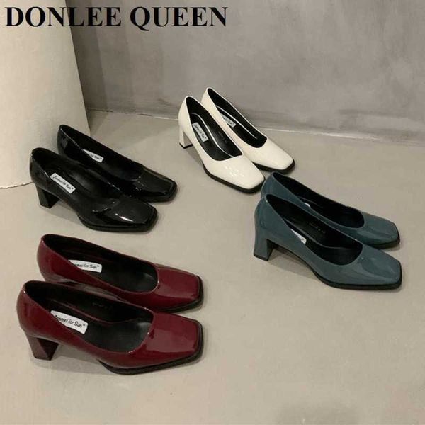 

women pumps square toe thick heels office dress shoes wedding party elegant ladies female slip on loafers brand zapatillas mujer 230223, Black