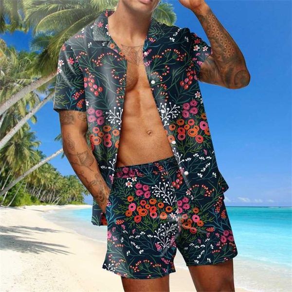 

2023 summer new 3d digital print shirt plant flower beach shorts casual set, Black