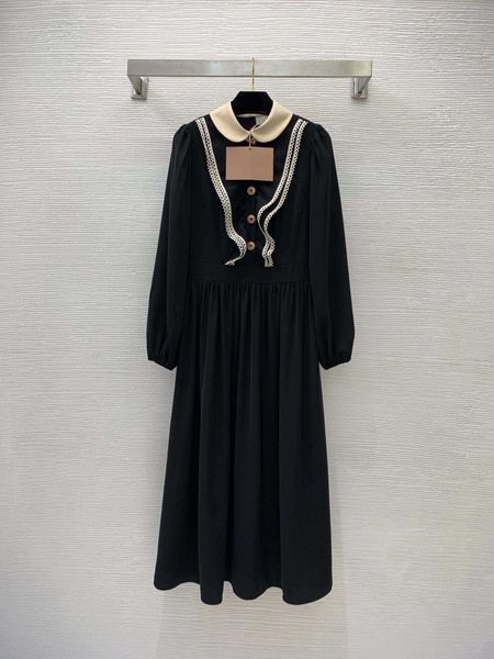 

ladies dresses shirts style elegant color contrast lace single breasted lantern sleeve doll neck long sleeve slim designer long dress brand, Black;gray