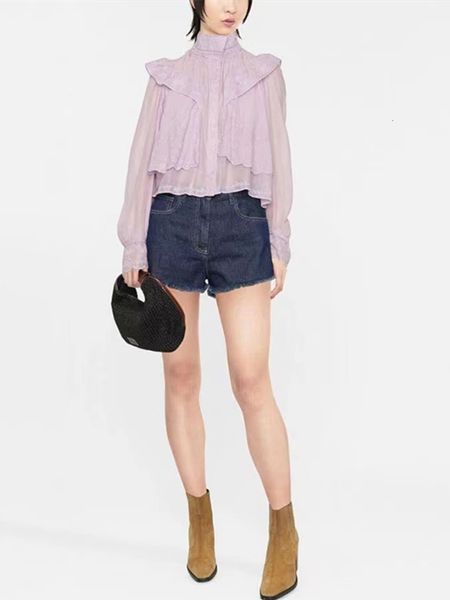 

women's two piece pants ladies stand collar lace stitching ruffle blouse or shorts skirt set lady long sleeve shirt elastic waist irreg, White