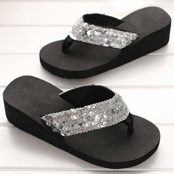 

slippers home slippers thick platform slippers beach sequins non-slip flip flops woman sandals women fashion soft sole eva indoor slides g23, Black