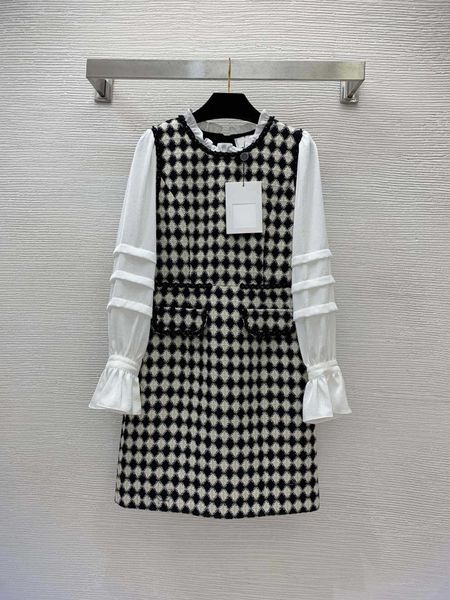 

2023 ladies dresses shirts style gold thread woven rhombus color contrast woolen patchwork agaric collar thin long-sleeved dress brand logo, Black;gray