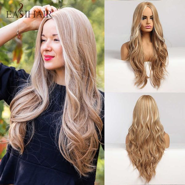 

synthetic wigs easihair long blonde ombre synthetic wigs for women middle part high density temperature wavy cosplay heat resistant 230227, Black