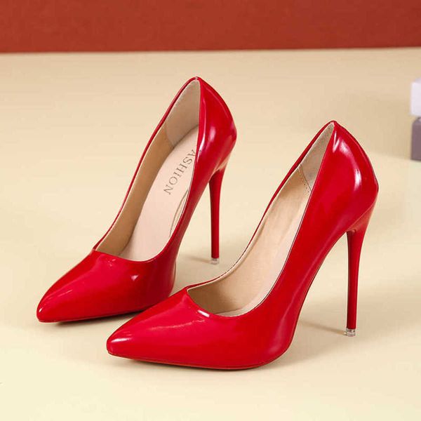 

2022 summer spring women shoes pointed toe pumps patent leather dress high heels boat shoes wedding shoes size45 zapatos mujer 230202, Black