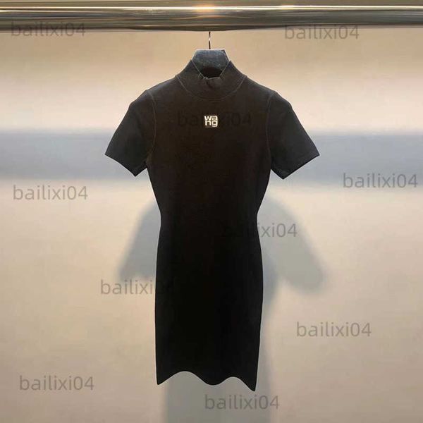 

casual dresses spring and summer 22 aw wrapped hip skirt versatile slim waist black knitted short sleeve dress for women t230323, Black;gray