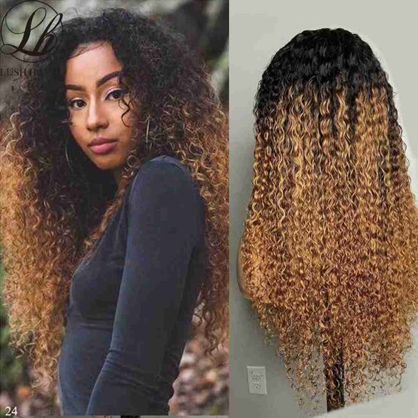 

synthetic wigs kinky curly wigs highlight 13x4 lace front dark root ombre brown honey blonde synthetic pre plucked babyhair 230227, Black