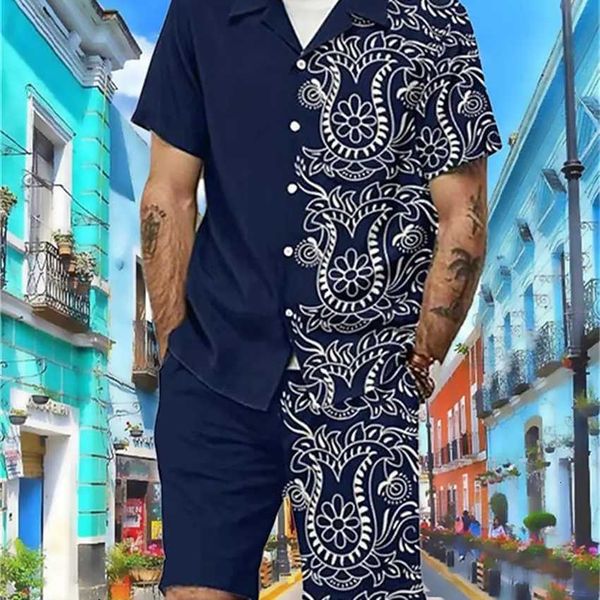 

2023 summer beach style shirt flower print hawaiian men's casual set, Black