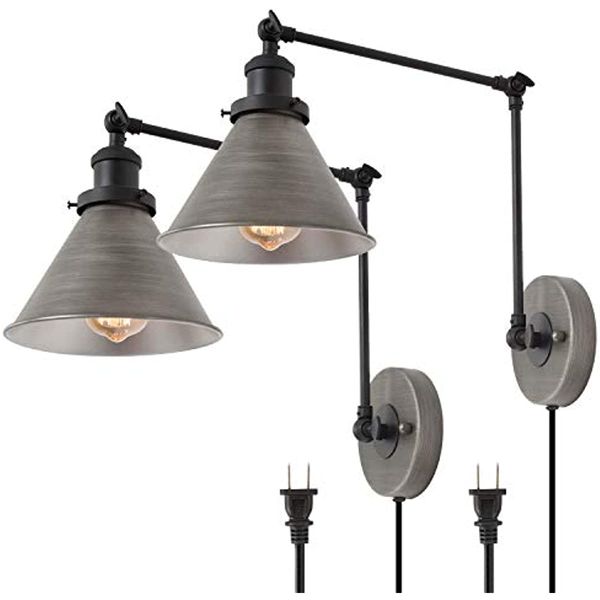 

swing arm wall lamp modern plug in wall sconce hardwired adjustable farmhouse wall light fixture, brushed antique silver (2 pack)