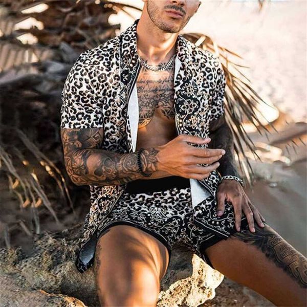 

2022 summer new men's leopard print polo short sleeve shirt shorts set beach casual, Black