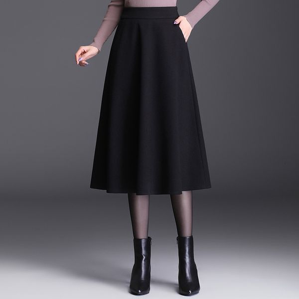 

skirts knee length solid color simple slim fashion aline skirt winter high waist elastic temperament 230323, Black