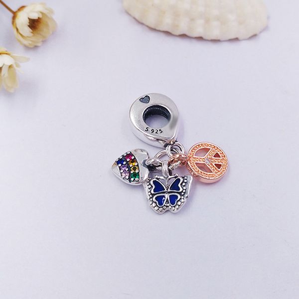 

two-tone rainbow heart, butterfly & peace triple dangle charm 925 sterling silver pandora enamel moments for fit charms beads bracelets jewe, Black