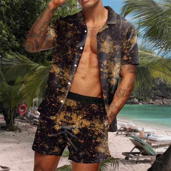

beach suit men's casual fashion short sleeve shirt flower two piece set, Black