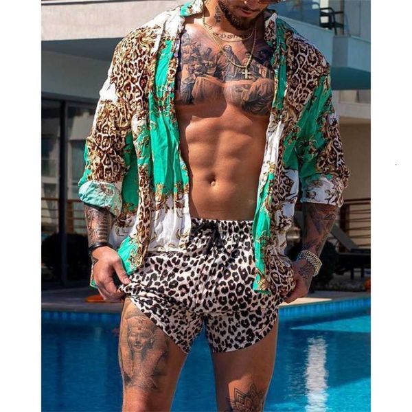 

2022 new men's hawaiian beach casual fashion printed short sleeve shirt set, Black