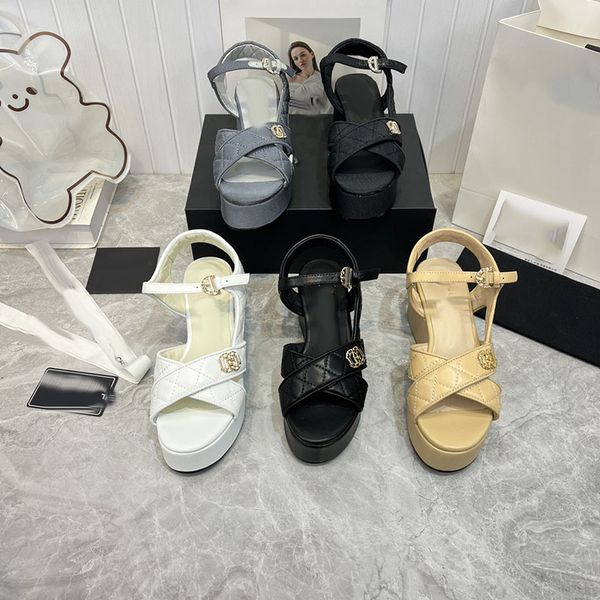 

quilted platform dad sandals calfskin tweed canvas cross strap logo dress shoes ankle buckle wedge peep toe mule chain diamond buckle slide, Black