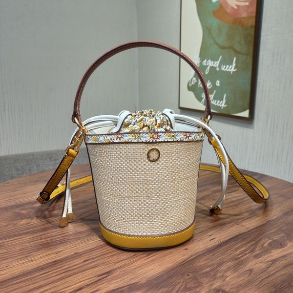 

genuine leather women drawstring bucket bag bamboo knit handmade crossbody bag