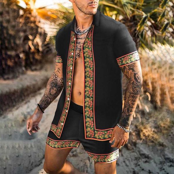 

2023 new men's summer hawaiian short sleeve shirt 3d digital print set, White;black