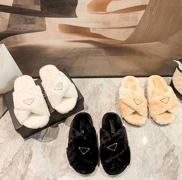 

2023 new fashion designer cross vamp women slippers winter womens wool home sandal triangle leisure slides luxury plush fashion warmth flat, Black