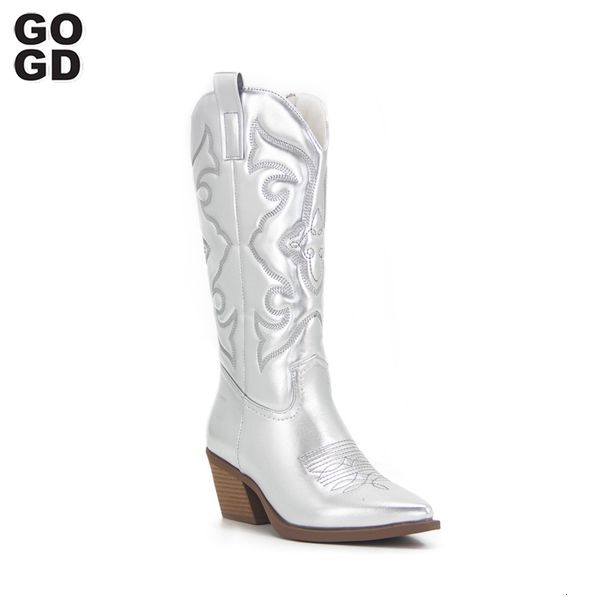

boots gogd cowboy pink cowgirl boots for women fashion zip embroidered pointed toe chunky heel mid calf western boots shinny shoes 230323, Black