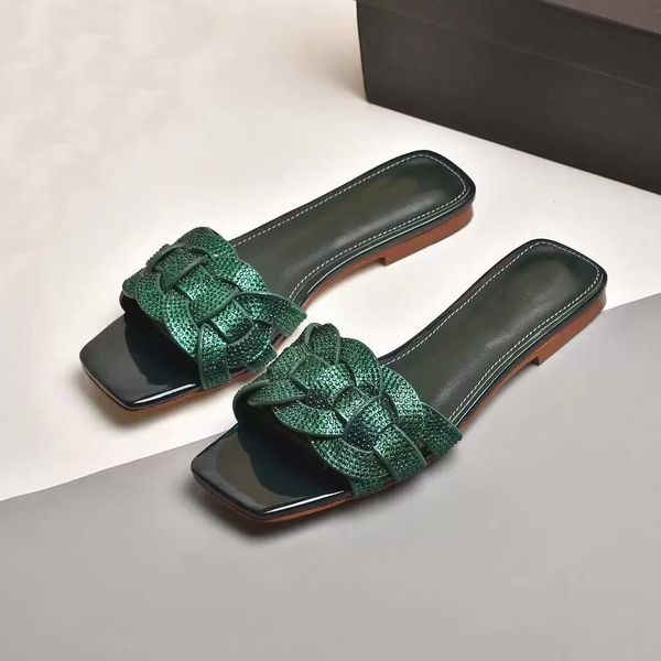 

2021 summer beach slide tribute sandals flats intertwining straps strass flip flops slipper r outdoor slides sandalias, Black