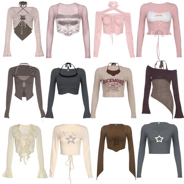 

womens tshirt vintage crop tshirts long sleeve slim spring t shirt korean style chic grunge aesthetic streetwear female tee 230322, White