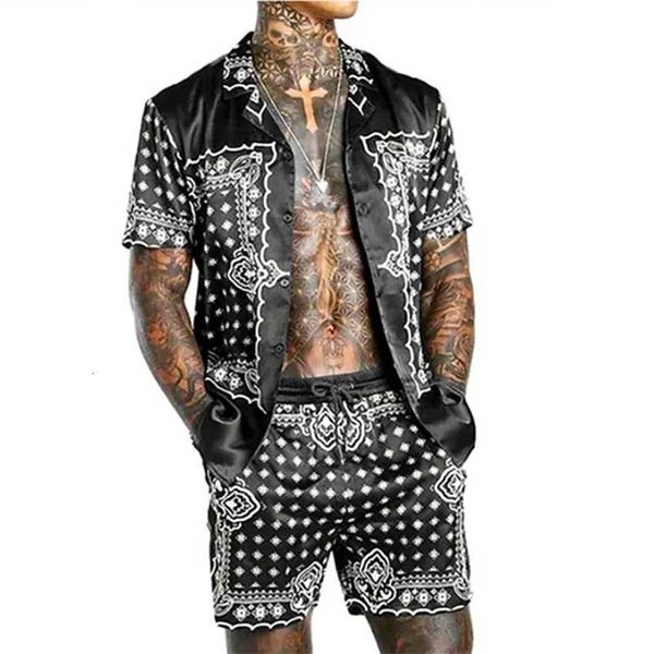 

2023 summer beach style loose shirt hawaiian print men's casual set, Black