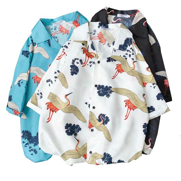 

men's casual shirts fashion mens short sleeve hawaiian shirt fast drying plus size asian size -3xl summer casual crane print beach shi, White;black