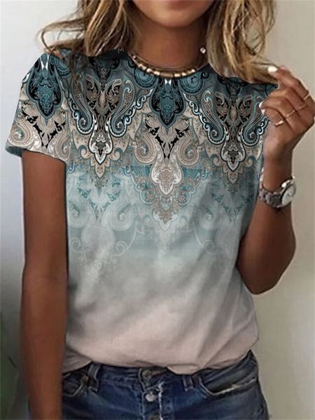 

women's tshirt vintage daily casual basic female summer loose flower print ethnic style short sleeve tee's o neck pullover 230323, White