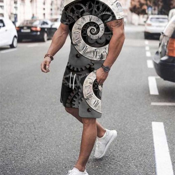 

summer new 3d t-shirt digital print short sleeve men's shorts set and wo casual beach pants two-piece set, White;black