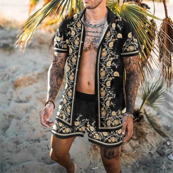 

hawaiian holiday style men's lapel beach short sleeve shirt shorts set print, Black
