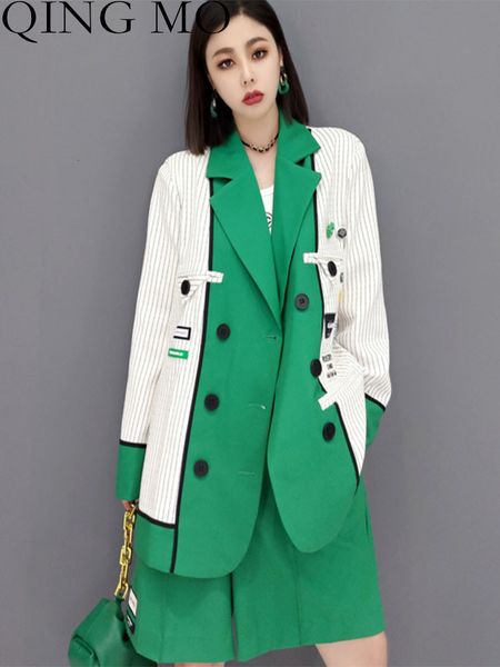 

women's two piece pants qing mo woman long sleeves temperament patches suit collar set elastic waist shorts green 2023 autumn lhx1128a, White