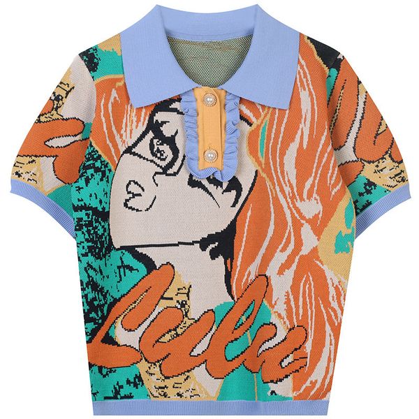 

womens tshirt ladies printed pattern lapel knitted sweater pullover casual abstract cartoon fashion thin 230323, White