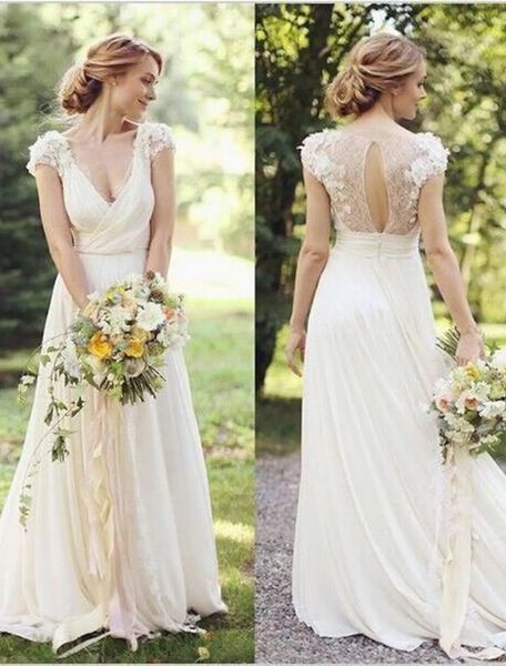 

beach open back wedding dress 2023 a-line cap sleeve v neck lace appliques boho bridal gowns women summer robe de mariage, White