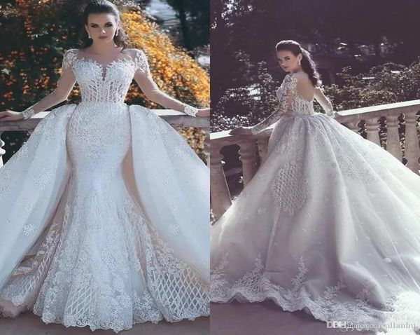 

dubai arabic luxury lace mermaid wedding dresses with detachable train sheer neck long sleeves beaded sheer backless bridal gowns 2199947, White