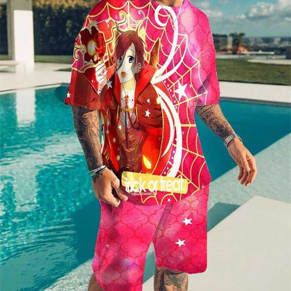 

20233d horie and gongcun printed men's summer short sleeve_ beach pants suit, White;black