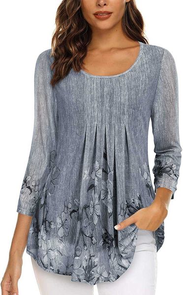 

casual dresses timeson women's casual 3/4 sleeve tunic floral double layers blouses loose fit pleated mesh shirts, Black;gray