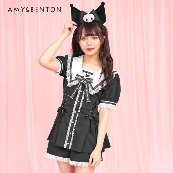 

women's two piece pants lolita style suit for girls sailor collar embroidered bow tie shirt wide leg shorts vintage sets outfits 230322, White