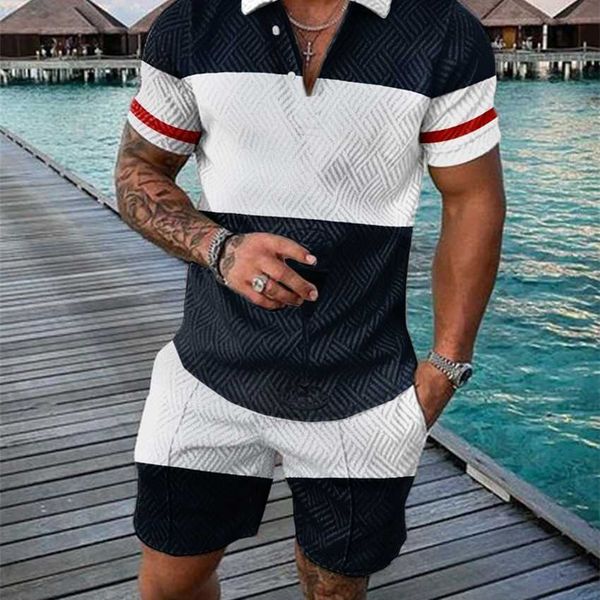 

2023 men's fashion casual set 3d printed zipper short sleeve polo shirt beach pants, White;black