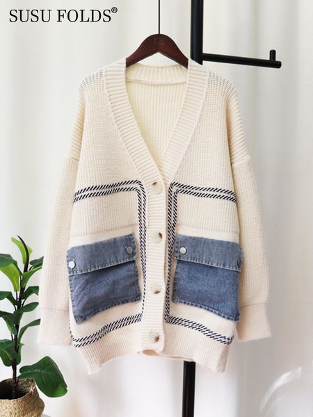 

women's knits tees susu knitted single breasted sweater denim pocket patchwork long sleeve loose clothing autumn sua049 230323, White