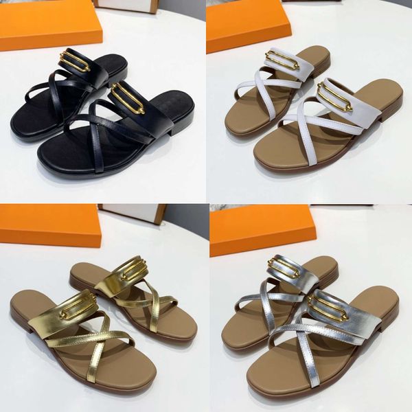 

luxury women sandal metal buckle slides fashion beach shoes flat slippers with box 35-40, Black