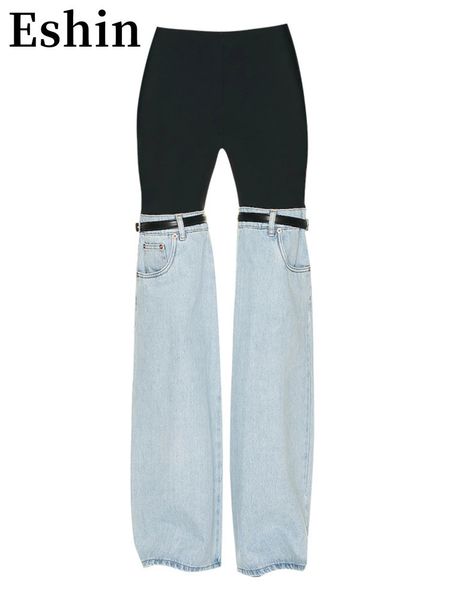 

women's pants s eshin design sense splicing jeans spring 2023 high waist straight wide leg fashion personality chic female th1098 23032, Black;white