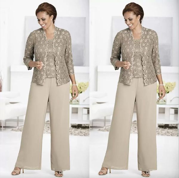 

three pieces mother of the bride suits with lace jacket chiffon pants suit wedding guest dresses mom formal occasion party gowns, Black;red