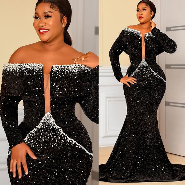 

2023 arabic aso ebi black mermaid prom dresses pearls beaded evening formal party second reception birthday engagement bridesmaid gowns dres