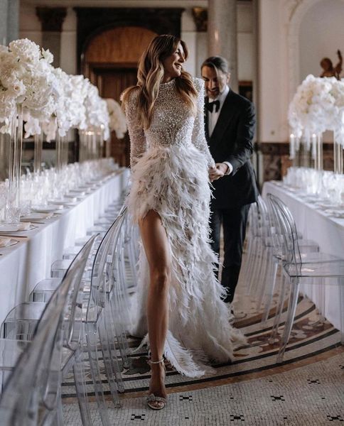 

luxury mermaid wedding dresses long sleeves high neck pearls appliques sequins beaded feather train 3d lace side slit floor length lace brid, White