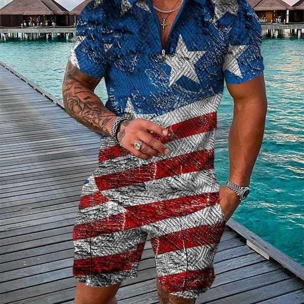

2022 summer zipper shirt beach pants casual set 3d digital print relaxed holiday style sports, Black