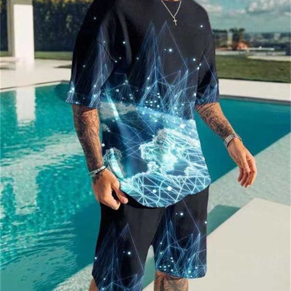 

2023 new men's casual beach shorts set short sleeve t-shirt 3d digital print, White;black